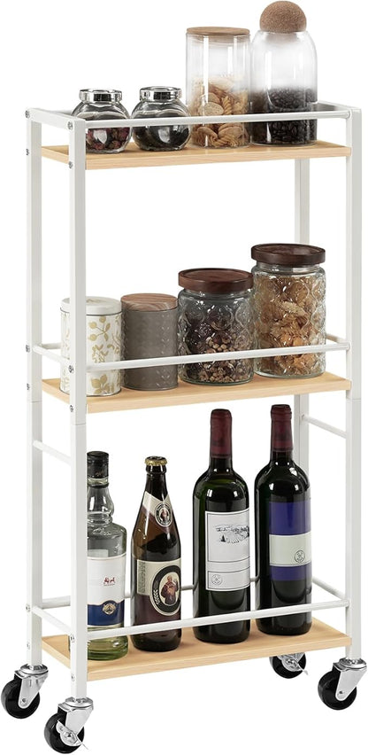 Slim Rolling Cart, Mobile Kitchen Cart on Wheels, Narrow Storage Cart for Small Space, Wooden Kitchen Storage Rack, for Bathroom, Laundry, Living Room, White RCBN1501