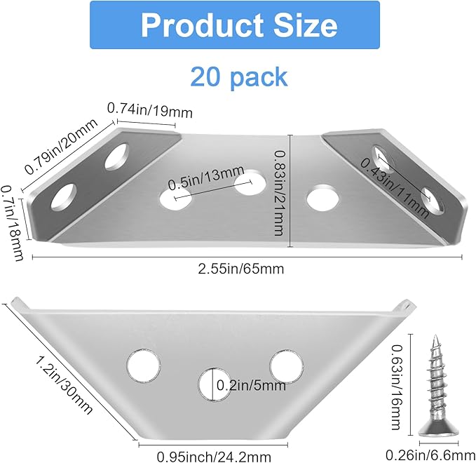 20Pcs Universal Stainless Steel Furniture Corner Connector, Angle Corner Bracket with Screws, Corner Braces, Corner Connectors for Shelves Wood Furniture Cabinets (20 Pcs)