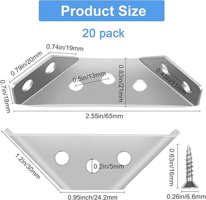 20Pcs Universal Stainless Steel Furniture Corner Connector, Angle Corner Bracket with Screws, Corner Braces, Corner Connectors for Shelves Wood Furniture Cabinets (20 Pcs)