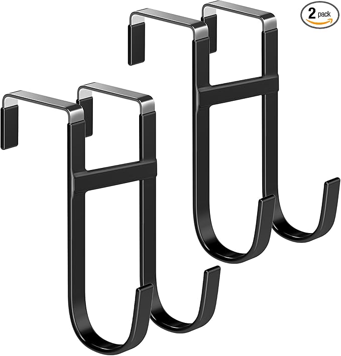 Over the Door Twin Metal Hooks with Plastic Coating 5.5" Fit 0.5" to 1 3/8" Door 2 Sets Heavy Duty Towel Robe Rack Wreath Bathroom Shower Hanger Shoe Organizer Ironing Board Short Black