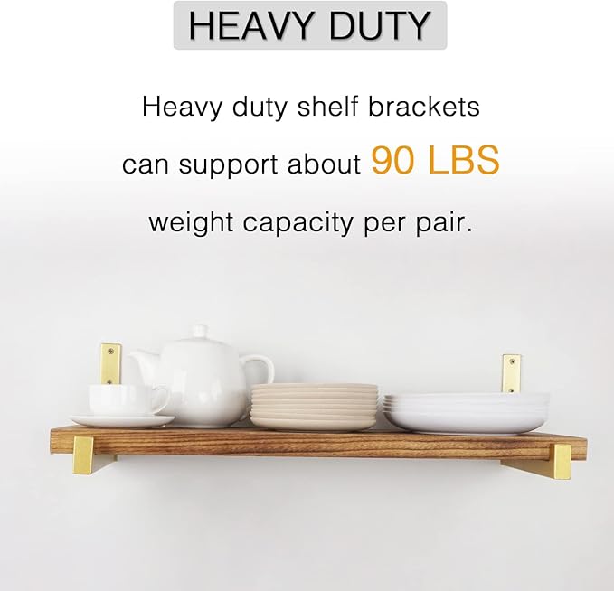 OVOV 6 Pack Heavy Duty Shelf Brackets Wall Mounted Industrial Farmhouse Floating Shelf Brackets with Lip (Gold 6")