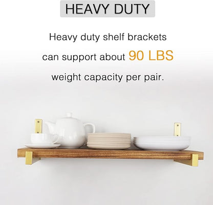 OVOV 6 Pack Heavy Duty Shelf Brackets Wall Mounted Industrial Farmhouse Floating Shelf Brackets with Lip (Gold 10")