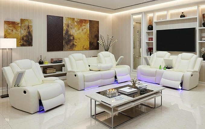 Modern Power Sectional Recliner Sofa with LED Light, Living Room Furniture Sets, Power Reclining Sofa Set with 5 Recliner Seats/Cup Holders & Storage Console for Home Theater/Living Room