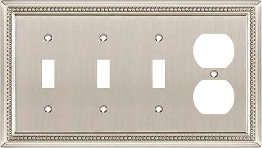 Henne Bery Sunken Pearls Heavy Duty Decorative Wall Plate Switch Plate Outlet Cover (Triple Toggle/Single Duplex, Satin Nickel)