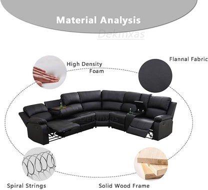 Living Room Furniture Sets, Black Leather Sectional Recliner Sofa Set with Drop-Down Table, Cup Holders, Storage Console, 3 Pieces Reclining Sectional Sofa Couch for Living Room, Bedroom