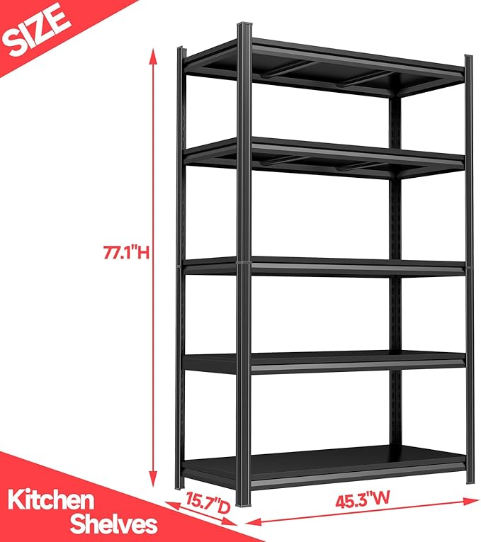 71" H Kitchen Shelving, Kitchen Storage Organization Metal Shelves Loads 2000LBS, Pantry Shelving Unit, 5-Tier Racks for Storage, Coffee Machine Storage Shelf Stand, Black
