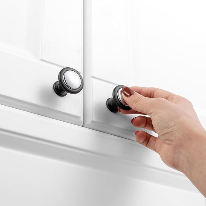 KOOFIZO 10 Pack Chrome and Black Kitchen Cabinet Knobs Polished Chrome and Black Drawer Knobs 1960 Round Single Hole Cabinet Pulls for Cabinets Drawers Dresser Cupboard Bedroom Bathroom
