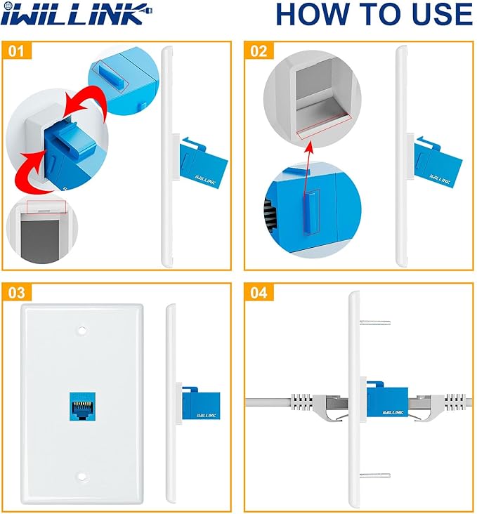 Iwillink 10Gbps Ethernet Wall Plate CAT6A, 1-Port Keystone Wall Plate and Jack Outlet, RJ45 Wall Plates with Single Gang Low Voltage Mounting Bracket - 2 Pack