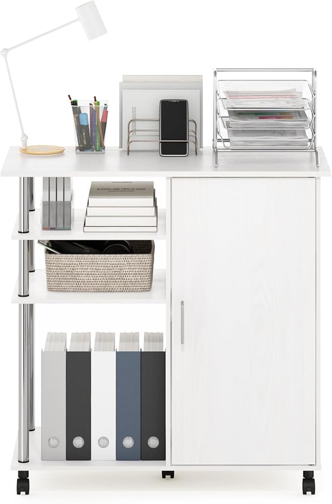 Furinno Helena Multipurpose Storage Cabinet/Shelves,Printer Stand with Lockable Wheels, Stainless Steel Tubes, White Oak/Chrome