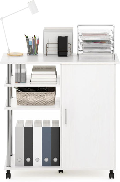 Furinno Helena Multipurpose Storage Cabinet/Shelves,Printer Stand with Lockable Wheels, Stainless Steel Tubes, White Oak/Chrome