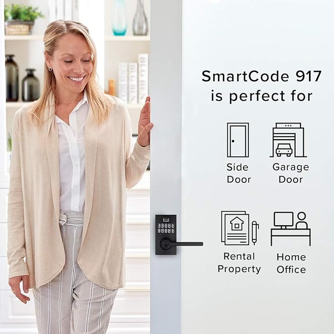 Kwikset SmartCode 917 Keypad Keyless Entry Contemporary Residential Electronic Lever Lock Deadbolt Alternative with Halifax Door Lever and SmartKey Security, Polished Chrome