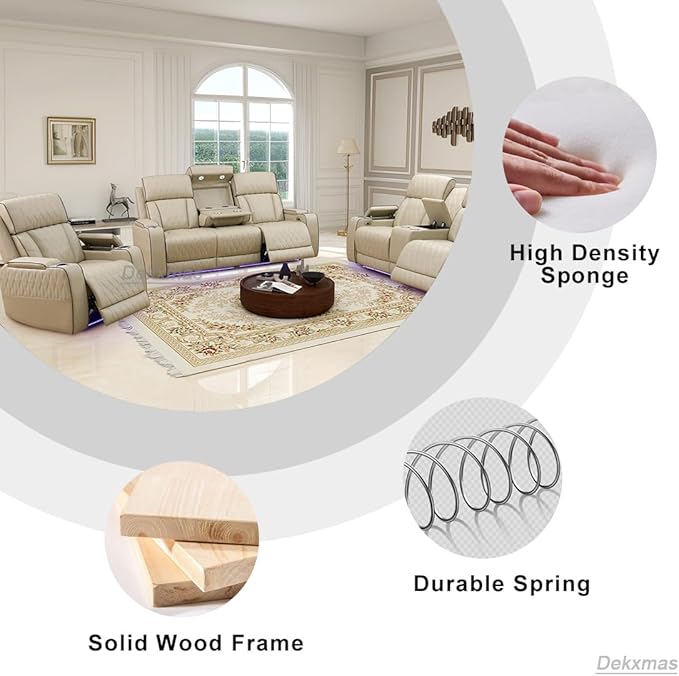Living Room Furniture Sets, Power Reclining Sofa Set with USB Port, Beige Leather Power Recliner Sofa, Loveseat and Chair with Storage Console/LED Light/Cup Holdersfor Apartment