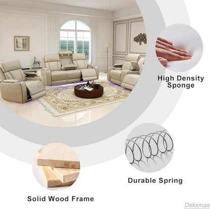 Living Room Furniture Sets, Power Reclining Sofa Set with USB Port, Beige Leather Power Recliner Sofa, Loveseat and Chair with Storage Console/LED Light/Cup Holdersfor Apartment