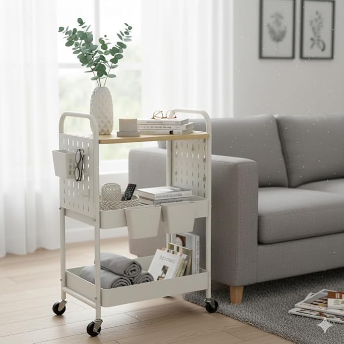 danpinera 3 Tier Rolling Cart with Wooden Table Top, White Rolling Utility Cart with DIY Pegboards & Locked Wheels, Easy Assembly for Nursery, Living Room, Studio