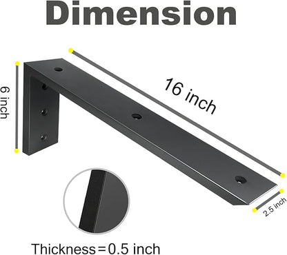 WINKER Countertop Support Bracket 3 Pack Heavy Duty 1/2" Thick Hidden L Shelf Bracket 16" x 6" x 2.5" Metal Corbels for Quartz/Granite/Wood/Concrete/Laminate Countertops, Black