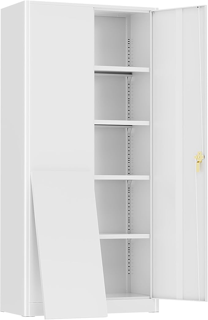 Oakcloud Metal Storage Cabinet Tool Organizer, 72" Lockable Garage Storage Tool Cabinets with 2 Doors and 4 Adjustable Shelves, Locking File Cabinet for Office, Home, School (72“ Wide-White)