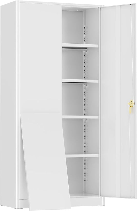 Oakcloud Metal Storage Cabinet Tool Organizer, 72" Lockable Garage Storage Tool Cabinets with 2 Doors and 4 Adjustable Shelves, Locking File Cabinet for Office, Home, School (72“ Wide-White)