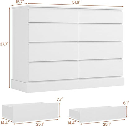 DICTAC 8 Drawers Dresser for Bedroom, White Large Chest of Drawers, Long Modern Double Dressers, Big Clothing Storage Organizer Closet with Ample Space, 51.6''L x 15.7''D x 37.7''H