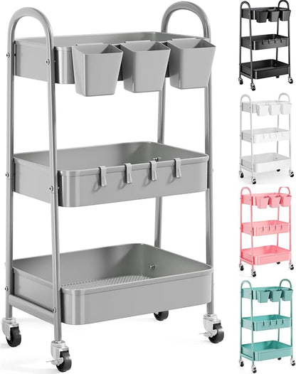 3 Tier Gray Metal Rolling Cart, Mesh Storage Cart with Handle and Lockable Wheels, Multifunctional Three Tiered Utility Organizer Carts for Kitchen, Office, Bathroom, Craft, Art, Snack, Baby Supplies