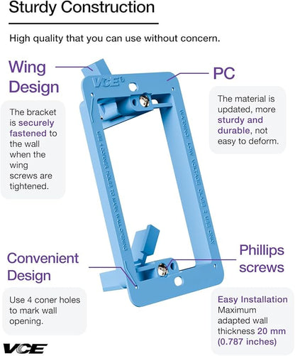 VCE Low Voltage Mounting Bracket Single Gang Wall Plate, Flush Low Voltage Box for Network, HDMI, Coaxial, Speaker, Telephone Cables, Blue, 5 Pack