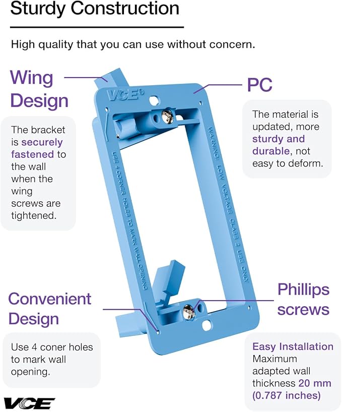 VCE Low Voltage Box Single Gang Wall Plate 10 Pack, Flush Low Voltage Mounting Bracket for Network, HDMI, Coaxial, Speaker, Telephone Cables, Blue