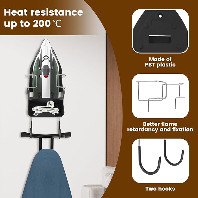 Iron Board Hanger Wall Mounted, Iron and Ironing Board Storage Organizer, Iron Hanger with Ironing Board Rack, Iron Board Holder, Electric Iron Holder for Home Bathroom (Black)