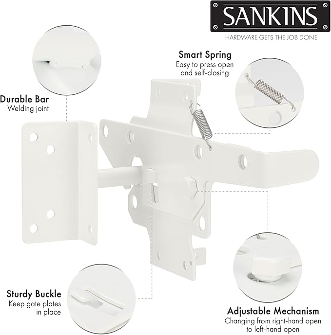 Self-Locking Gate Latch Heavy Duty Post Mount Automatic Gravity Lever for Wooden/PVC Fence, Door Lock with Fasteners Hardware for Secure Pool |Yard | Garden, Steel, White