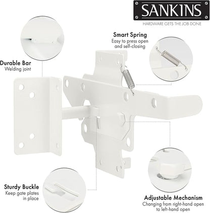 Self-Locking Gate Latch Heavy Duty Post Mount Automatic Gravity Lever for Wooden/PVC Fence, Door Lock with Fasteners Hardware for Secure Pool |Yard | Garden, Steel, White