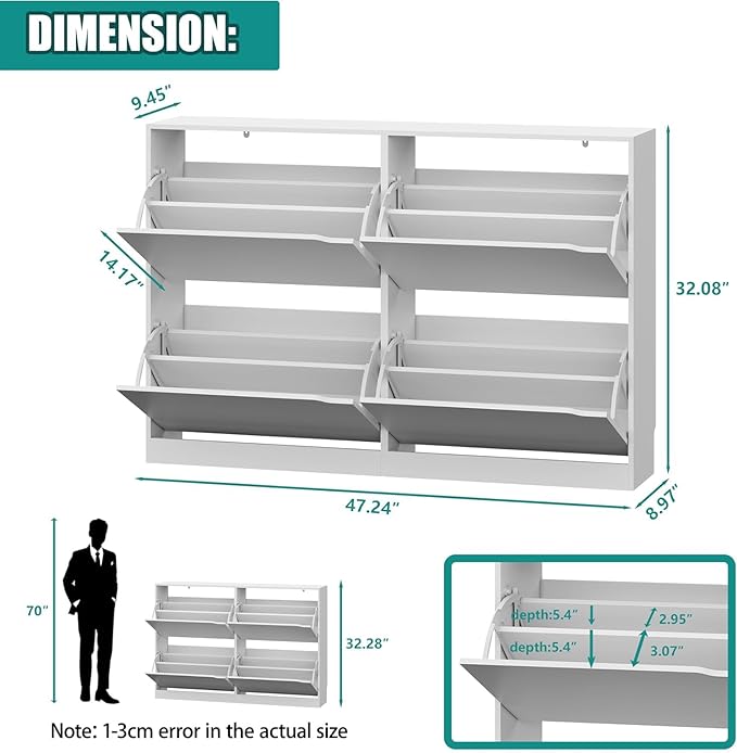 Shoe Storage Cabinet for Entryway with 4 Flip Drawers, Sturdy Wood Hidden Shoe Storage, Freestanding Narrow Slim Shoe Organizer for Front Door Entrance, Living Room, Hallway, Bedroom, White