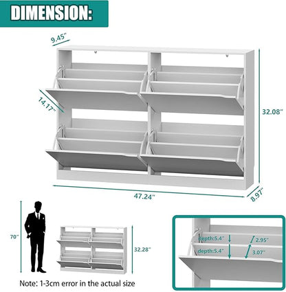 Shoe Storage Cabinet for Entryway with 4 Flip Drawers, Sturdy Wood Hidden Shoe Storage, Freestanding Narrow Slim Shoe Organizer for Front Door Entrance, Living Room, Hallway, Bedroom, White