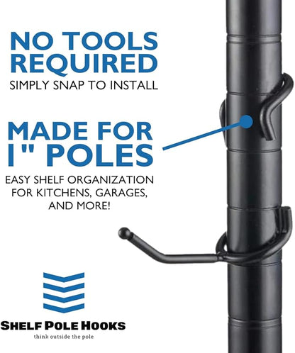 Shelf Pole Hooks 5-Pack | 2" Black Snap-On Hooks for 1" Wire, Metal & Metro Shelving | Heavy-Duty Garage, Pantry, Basement & Utility Storage Hooks