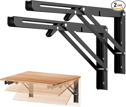 Ravinte 2 Pack 14 Inch Folding Shelf Brackets – Matte Black, Heavy Duty Collapsible Brackets for Tables and Benches – Space-Saving Design