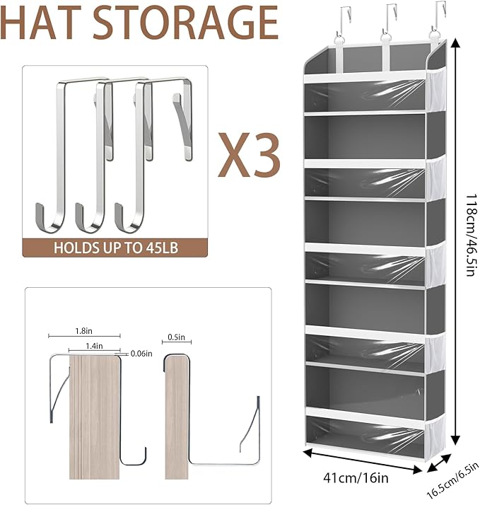Over the Door Hat Organizer & Rack - Holds 60 Baseball Caps, Hat Storage for Closet Door Wall with 10 Clear Mesh Pockets, Grey