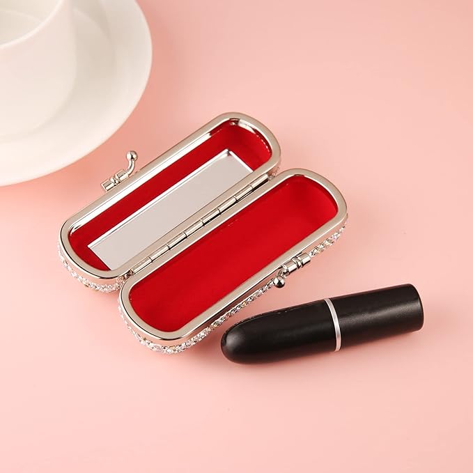 AsAlways Shiny Rhinestone Crystal Portable Lipstick Case with Mirror Portable Bling Diamonds Makeup Cosmetic Storage Holder for Travel Ladies Fashion