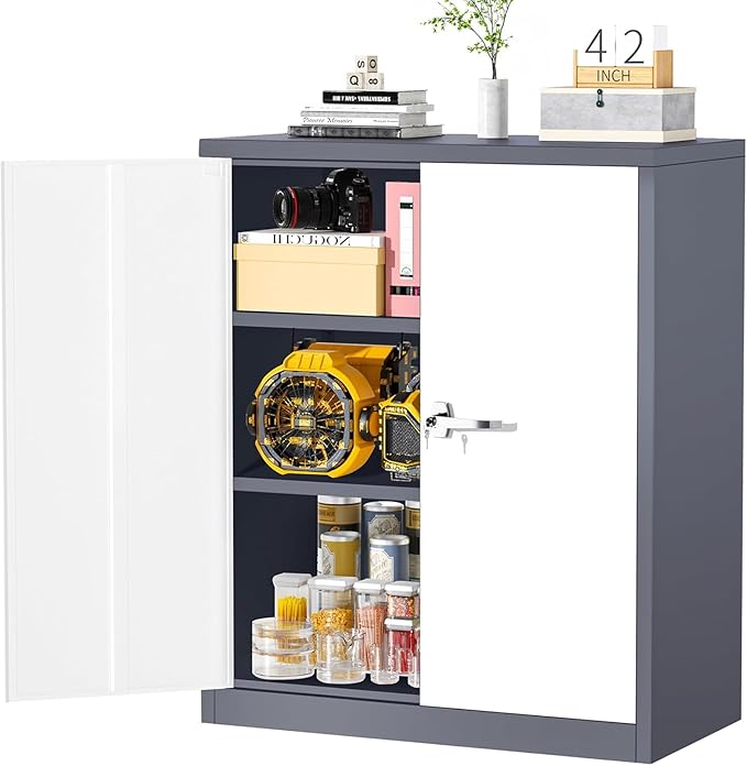 Bonusall Metal Garage Storage Cabinet, 36" H Locking Cabinets with 2 Adjustable Shelves, 2 Door Small Pantry Storage for Home Office, Kitchen, Bathroom (White Grey)