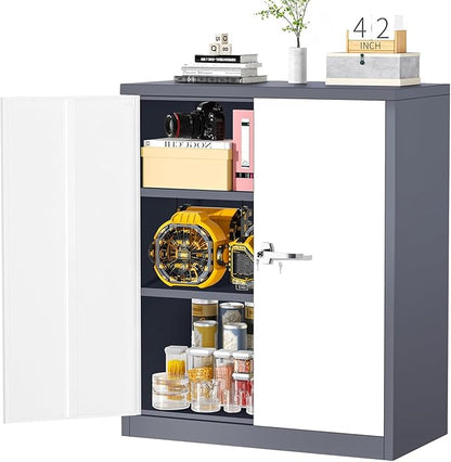 Bonusall Metal Garage Storage Cabinet, 36" H Locking Cabinets with 2 Adjustable Shelves, 2 Door Small Pantry Storage for Home Office, Kitchen, Bathroom (White Grey)