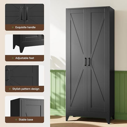 Letaya 75" H Metal Storage Cabinet with 2 Doors and 4 Shelves,Tall Kitchen Pantry Cabinets,Farmhouse Utility Pantry Organizers for Cupboard/Dining/Bathroom/Home Office/Garage Room,Black