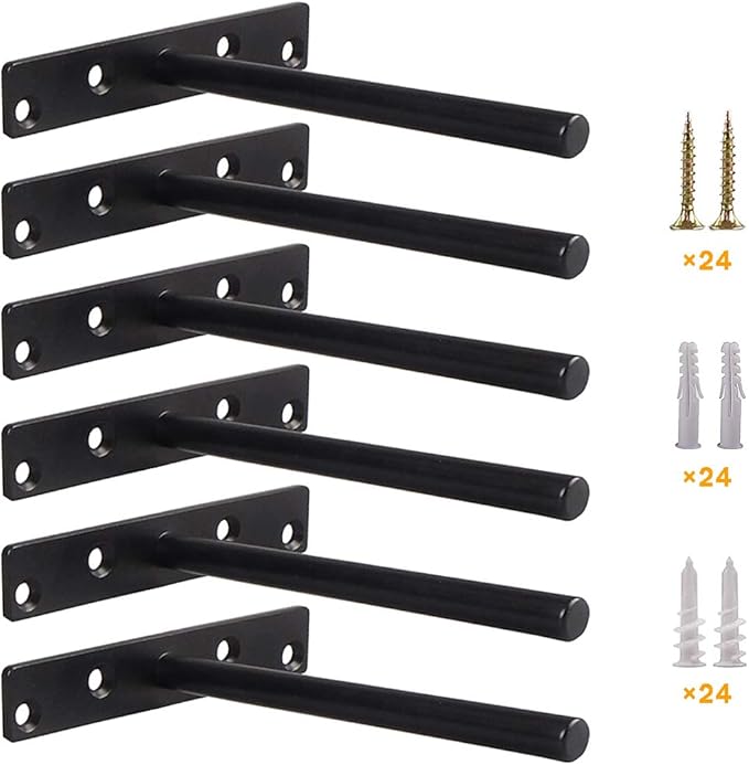 Blind Floating Shelf Brackets 5 Inch - DIY Heavy Duty Wall Shelf Brackets, Solid Steel Matte Black Hidden Support with Hardware for Custom Wood Shelves (6 Pack)