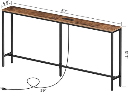 63'' Skinny Console Table with Charging Station, Narrow Long Sofa Couch Table, Easy Assembly, Entryway Table for Living Room, Foyer, Hallway, Rustic Brown CTHR165E01Z1