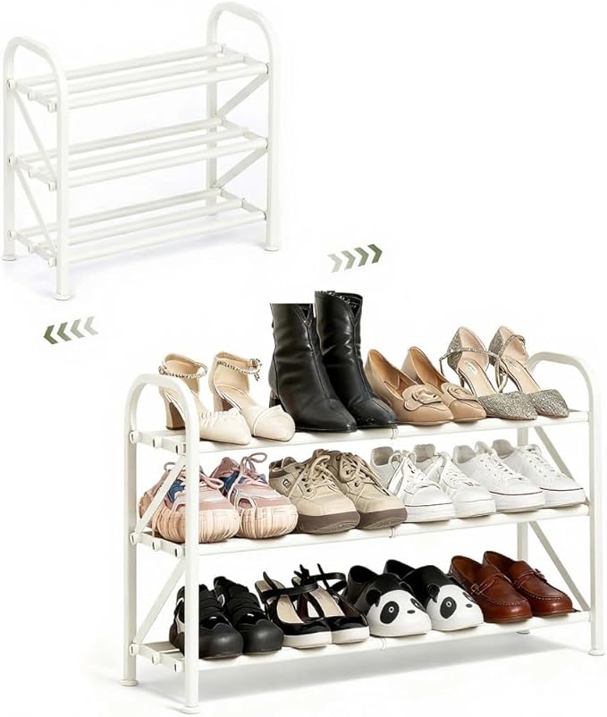 3-Tier Shoe Rack for Closet, 16"-33" Expandable ShoeRackAdjustable for Entryway Closet Doorway SturdyMetal, White