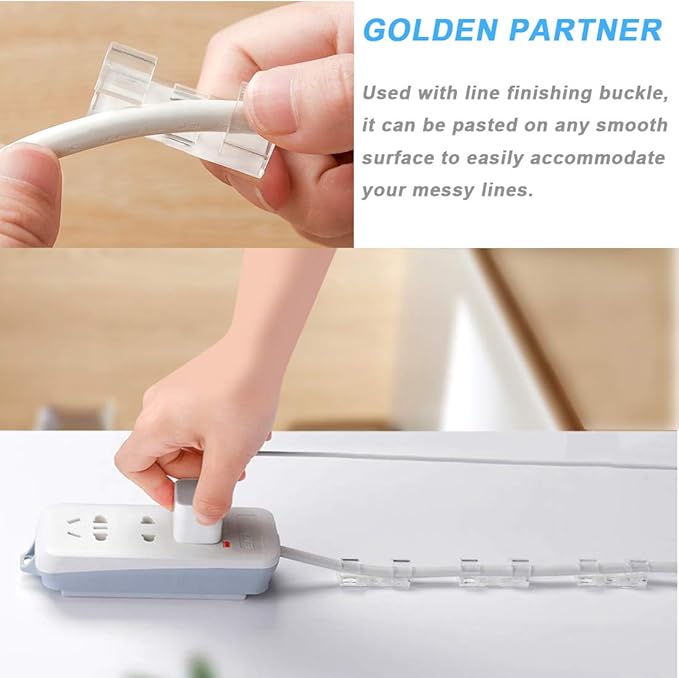 ACKLLR 4 Pack Self Adhesive Power Strip Holder Fixator Wall Mount Plug-in Socket Fixer Bracket Stand with 16 Pcs Cable Organizer Clips Clear for Remote Control Router Desk Computer Kitchen Home Office