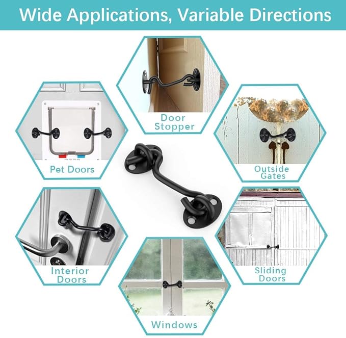 Barn Door Lock Gate Latch - 2 Pack 4 Inch Black Hook and Eye Latch Heavy Duty Screen Latches Hardware Stainless Steel Gate Lock Cabin Hooks for Sliding Door Bedroom Outdoor Window Cabinet Bathroom