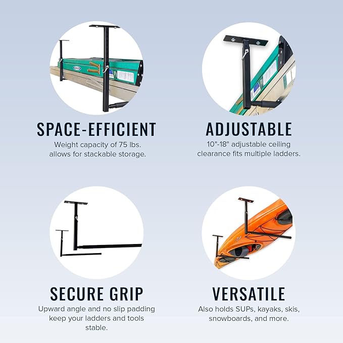 StoreYourBoard Adjustable Overhead Ladder Rack – Garage Organizer Ladder Shelf for Step & Extension Ladders - Storage Racks and Shelving for Garage Organization - Ceiling Mounted - Holds 75 lbs