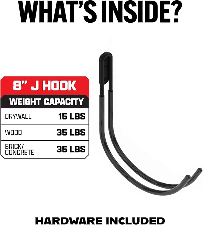 Smart T Garage Storage Wall Hook | 8" J-Hook for Garage Organization, Heavy Duty Organizer Wall Mount or Shelving Hooks