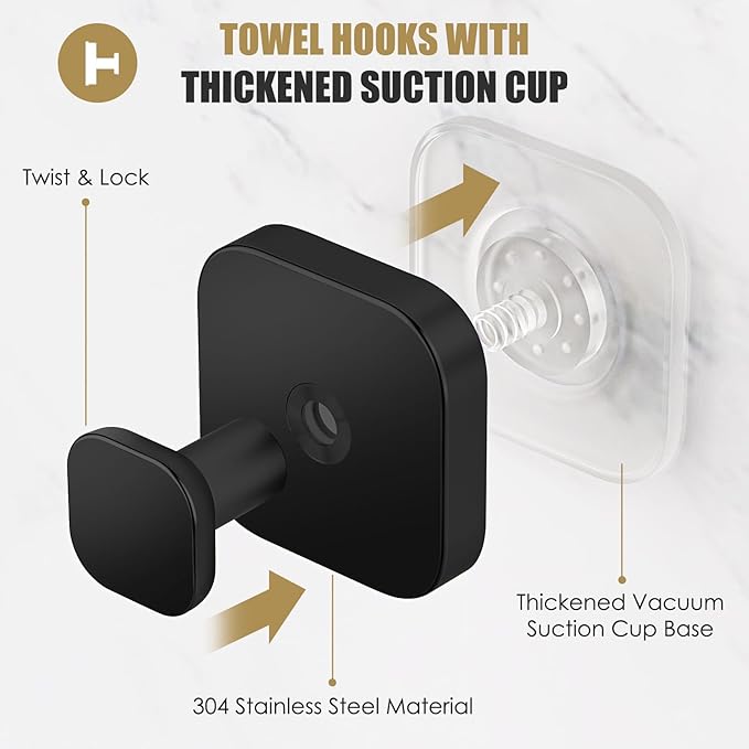 BKV Suction Cup Hooks for Shower,Heavy Duty Shower Hooks for Bathroom Wall,Glass Windows,Smooth Doors to Hang Towels,Robes,Coat,Reusable Suction Cup Wreath Hanger for Christmas Wreaths-Black(4 Pack)