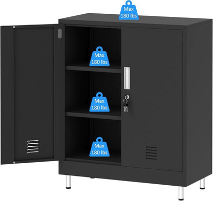 Metal Storage Cabinet with Locking Doors and 2 Adjustable Shelves, Lockable Storage Cabinet for Home Office Garage Pantry Living Room (Black)