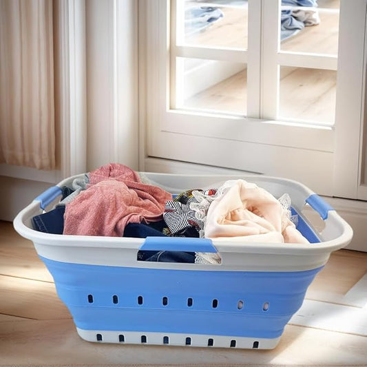 SAMMART 42L (11 gallon) Collapsible Plastic Laundry Basket - Foldable Pop Up Storage Container/Organizer - Space Saving Hamper/Basket (1, Grey/Little Boy Blue)