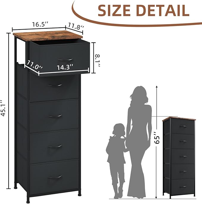 Somdot Tall Dresser for Bedroom, Chest of Drawers Storage Organizer, Non-Woven Fabric Drawers, Closet Bedside Living Room Entryway Hallway, 11.8"D x 16.5"W x 45.1"H (5 Drawers) Black Rustic Brown, 1