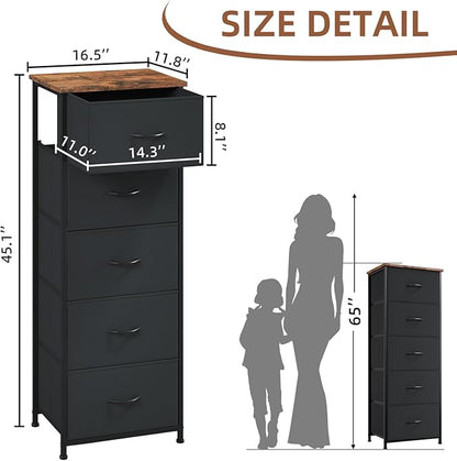 Somdot Tall Dresser for Bedroom, Chest of Drawers Storage Organizer, Non-Woven Fabric Drawers, Closet Bedside Living Room Entryway Hallway, 11.8"D x 16.5"W x 45.1"H (5 Drawers) Black Rustic Brown, 1