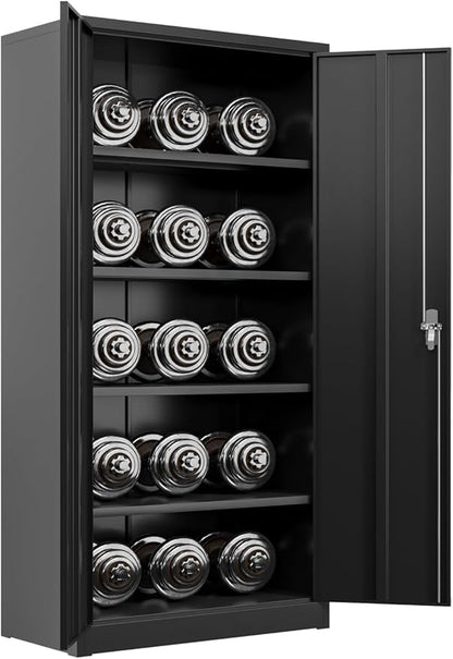 Black Iron Metal Lockable Storage Cabinet - Durable Home Office Garage Organizer for TV & Slim Storage - Secure Sideboard Locking Filing Pantry Tall Bathroom Floor Storage Cabinet with Lock